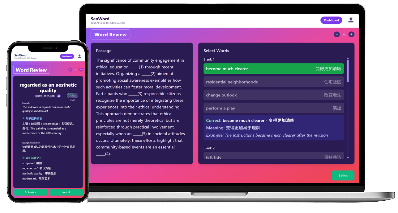 SenWord App Interface - iPhone and MacBook showing Word Review and Quiz features